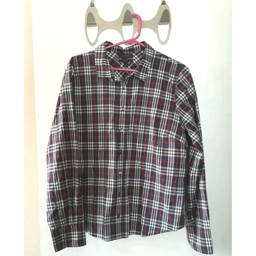 J. Crew top The Perfect Shirt Navy Blue Plaid Top Button Down Shirt  Xl Cotton